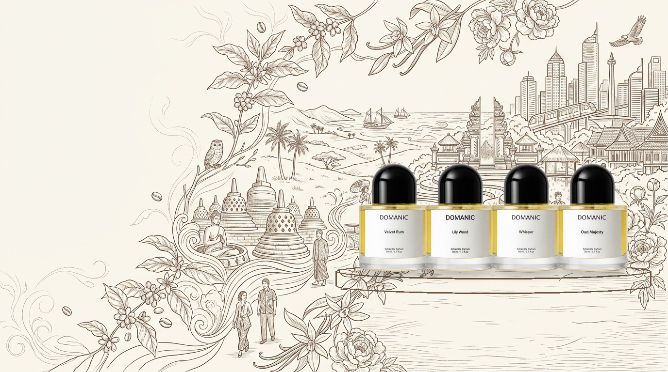 Koleksi 4 parfum Domanic di atas kain silk